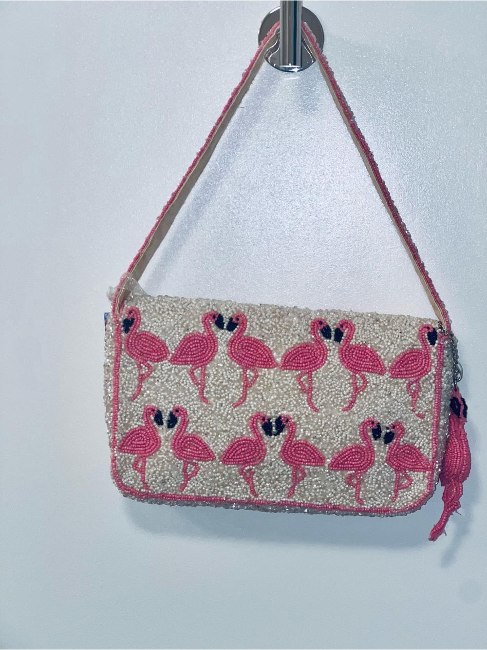 Pink Flamingo Beaded Top-Handle Bag White Sequins Viral Novelty India New - Picture 3 of 8